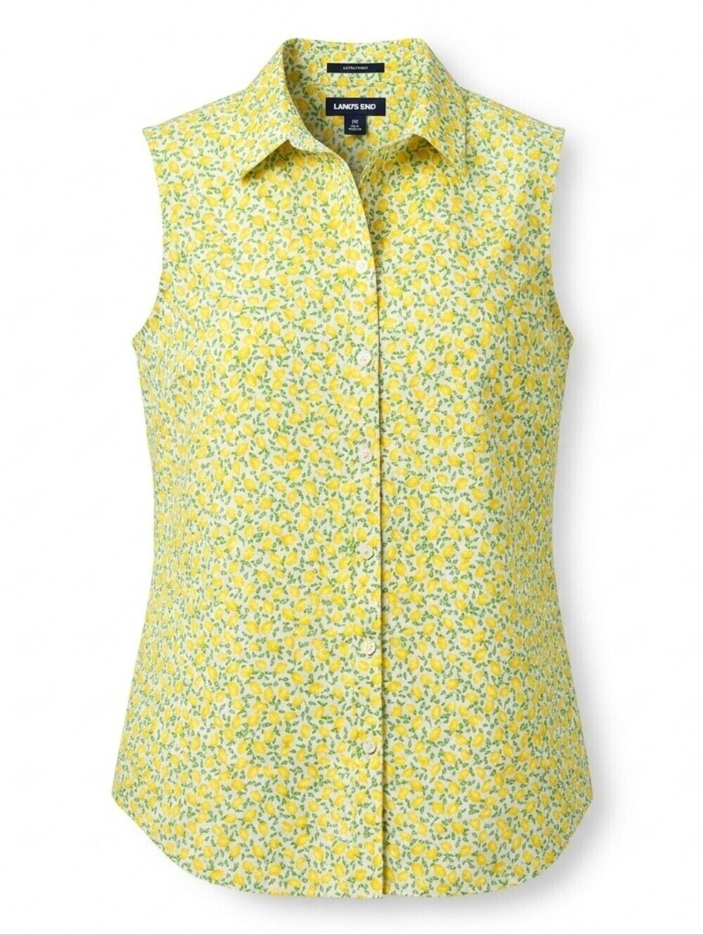 Lands' End Lemon Print Blouse Large 100% Cotton Coastal Summer Button Up